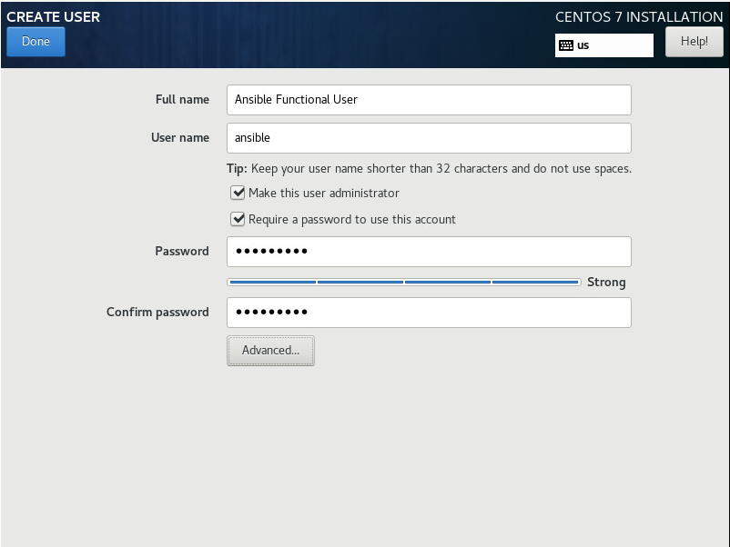 CentOS 7 - Ansible Funtional User